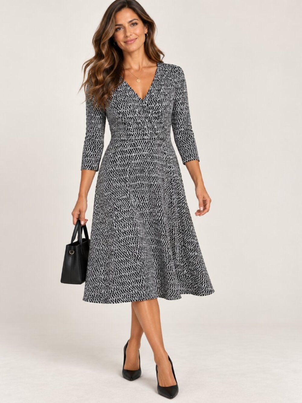 Jones New York Black and White quarter sleeve Faux wrap Fit-and-Flare Dress